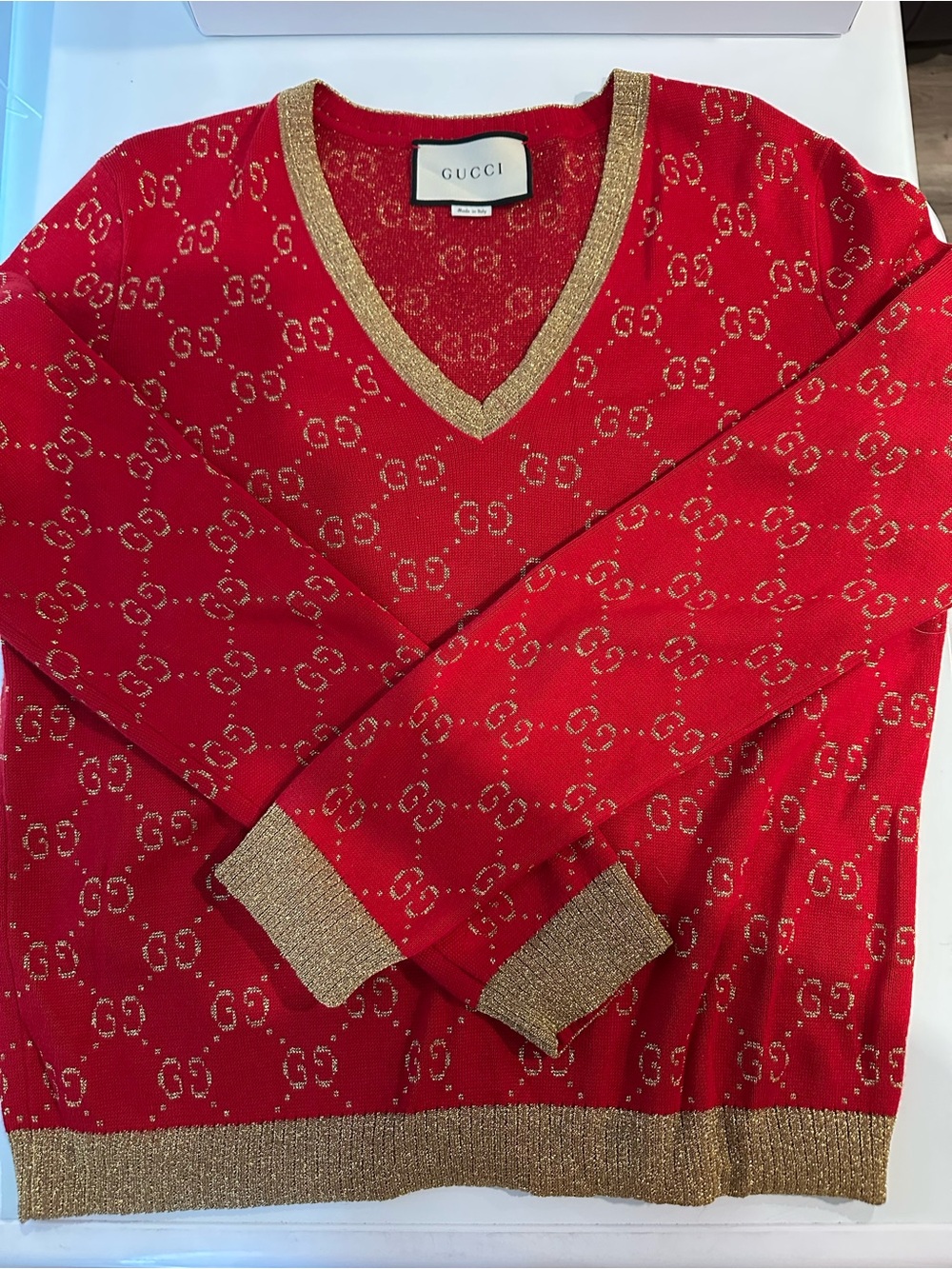 Gucci Red V-Neck Sweater with Gold Trim and Monogram - Picture 2 of 6